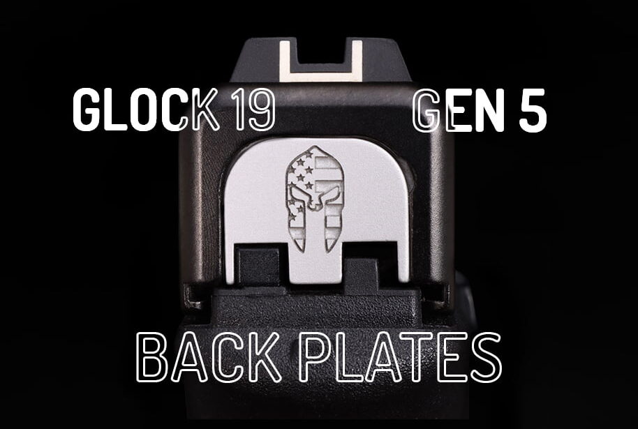 Silver Spartan Glock 19 G5 back plate on a back background with white text