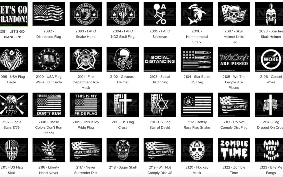 Grid display of laser engraving designs available for firearm components, featuring a diverse array of over 1200 stock images. Designs include patriotic themes like 'Let's Go Brandon', various stylized American flags, military insignia such as eagle and helmet emblems, cultural symbols like a skull wearing a gas mask, and popular slogans related to freedom and individual rights. Each design is numbered for easy reference and selection.