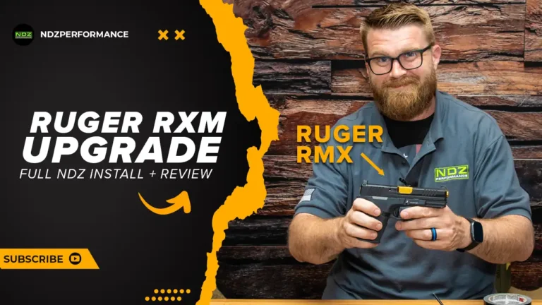 Justin of NDZ holding Ruger RXM pistol with NDZ Performance parts, alongside bold title text reading “Ruger RXM Upgrade – Full NDZ Install + Review.”