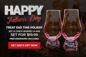 Father’s Day promotion banner showing two whiskey glasses. Text reads: ‘Happy Father’s Day. Treat Dad this holiday – Get a 2-pack whiskey glass set for $19.99. Free engraving included.’ Red button below says: ‘Get Dad’s Gift Now.’ Background features warm lighting and a cozy campfire scene.