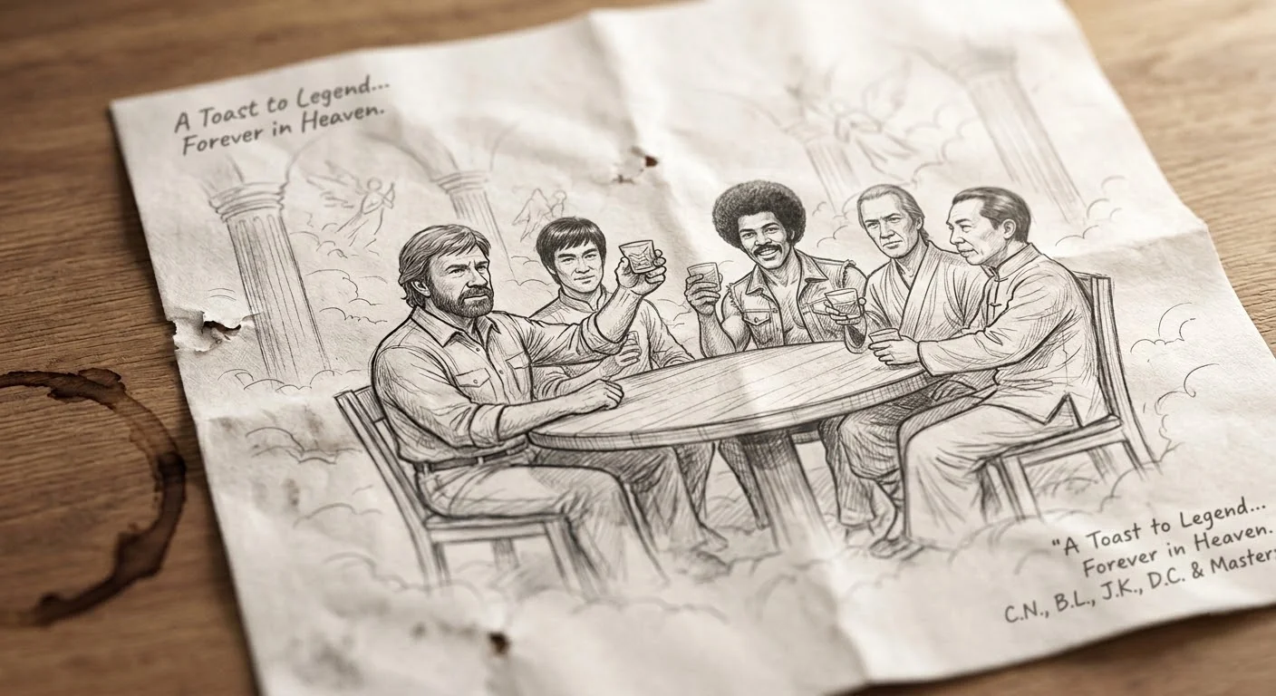 A Toast to Legends Forever in Heaven — sketch illustration of Chuck Norris, Bruce Lee, Jim Kelly, David Carradine, and Ip Man sharing a toast at a table in the clouds