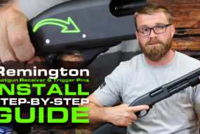 Remington 870 shotgun trigger plate assembly and receiver pins arranged for installation
