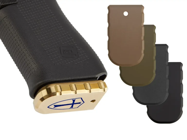 NDZ Glock 43X, 48 Magazine Base Plate, Brass (*LZ), shown for the Glock magazine base plate compatibility guide.