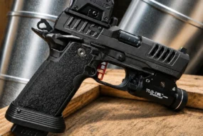Staccato 2011 pistol with red dot optic and Streamlight TLR-1 HL, compared against the SIG P211-GTO