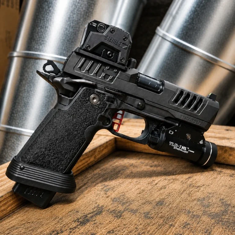 Staccato 2011 pistol with red dot optic and Streamlight TLR-1 HL, compared against the SIG P211-GTO
