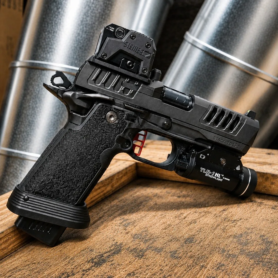Staccato 2011 pistol with red dot optic and Streamlight TLR-1 HL, compared against the SIG P211-GTO