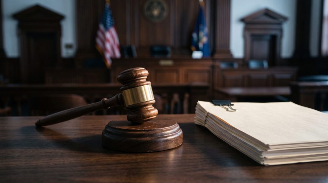 Illustration for the Connecticut Glock ban ruling: a gavel and a stack of papers on a table in a courtroom.