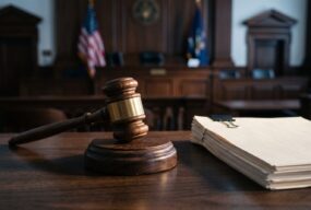 Illustration for the Connecticut Glock ban ruling: a gavel and a stack of papers on a table in a courtroom.